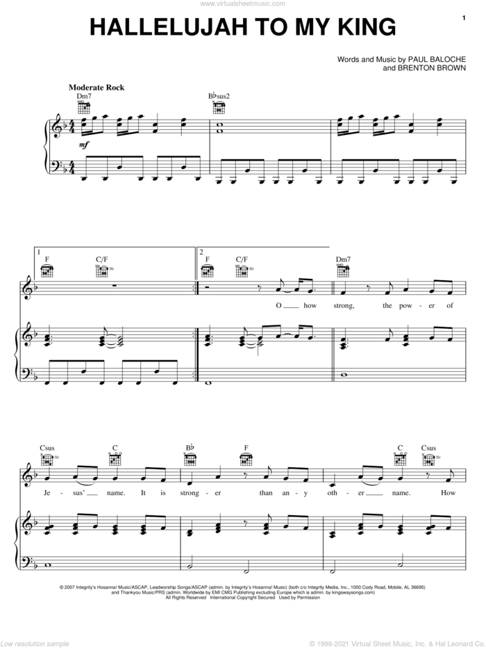 Hallelujah To My King sheet music for voice, piano or guitar by Paul Baloche and Brenton Brown, intermediate skill level