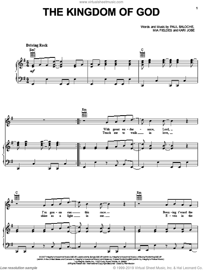 The Kingdom Of God sheet music for voice, piano or guitar by Paul Baloche, Kari Jobe and Mia Fieldes, intermediate skill level