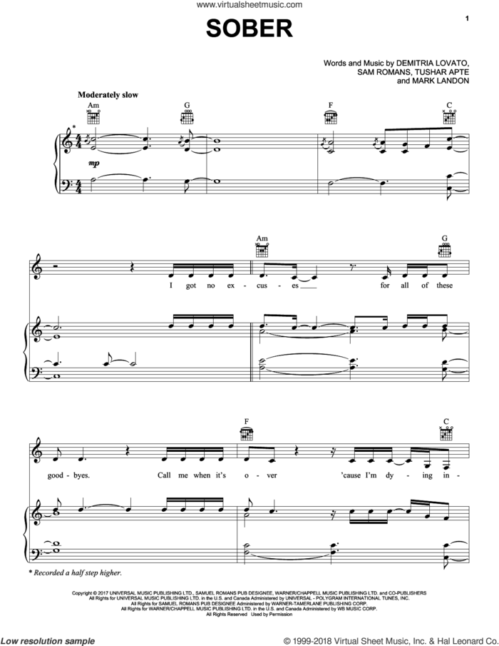 Sober sheet music for voice, piano or guitar by Demi Lovato, Demitria Lovato, Mark Landon, Sam Romans and Tushar Apte, intermediate skill level