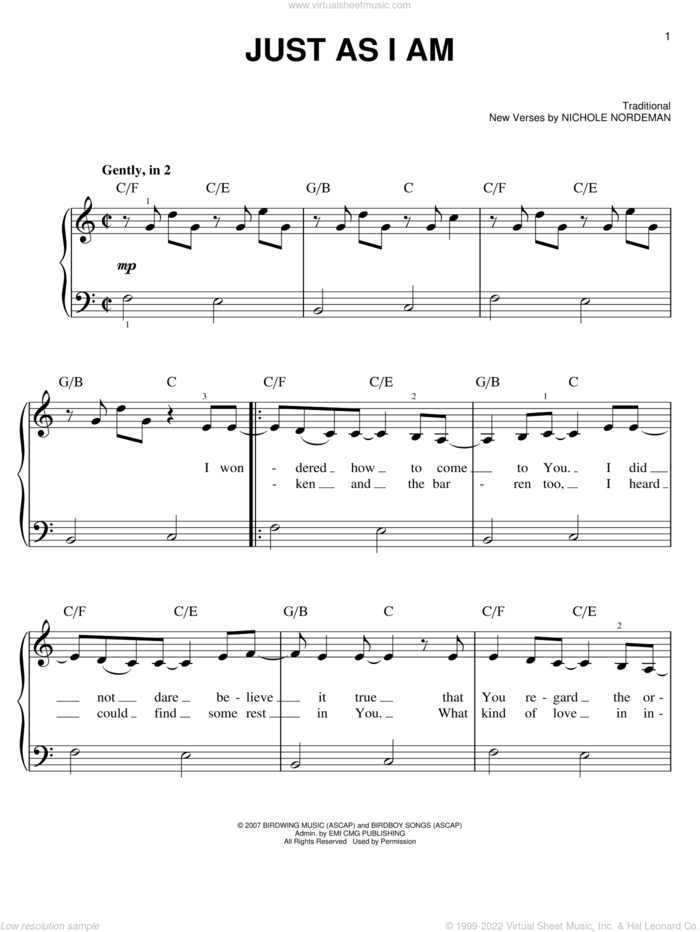 Just As I Am sheet music for piano solo by Nichole Nordeman, Amazing Grace (Movie) and Miscellaneous, easy skill level