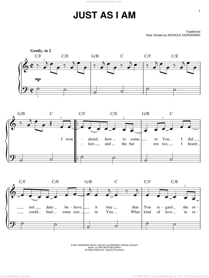 Just As I Am sheet music for piano solo by Nichole Nordeman, Amazing Grace (Movie) and Miscellaneous, easy skill level