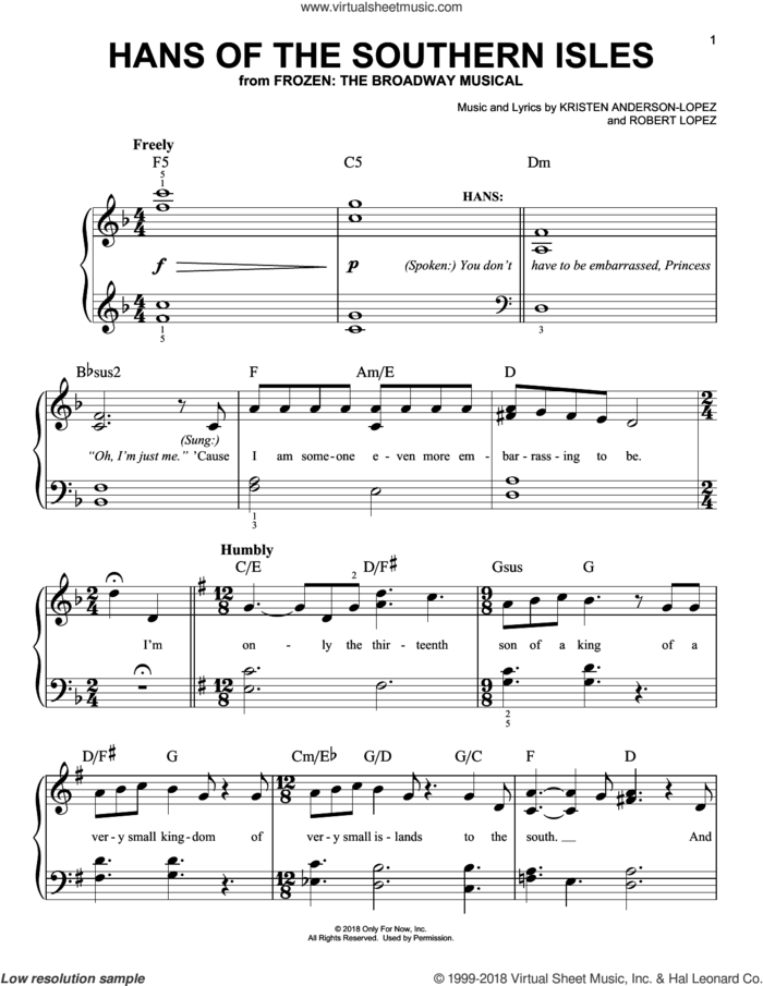 Hans Of The Southern Isles sheet music for piano solo by Robert Lopez, Kristen Anderson-Lopez and Kristen Anderson-Lopez & Robert Lopez, easy skill level