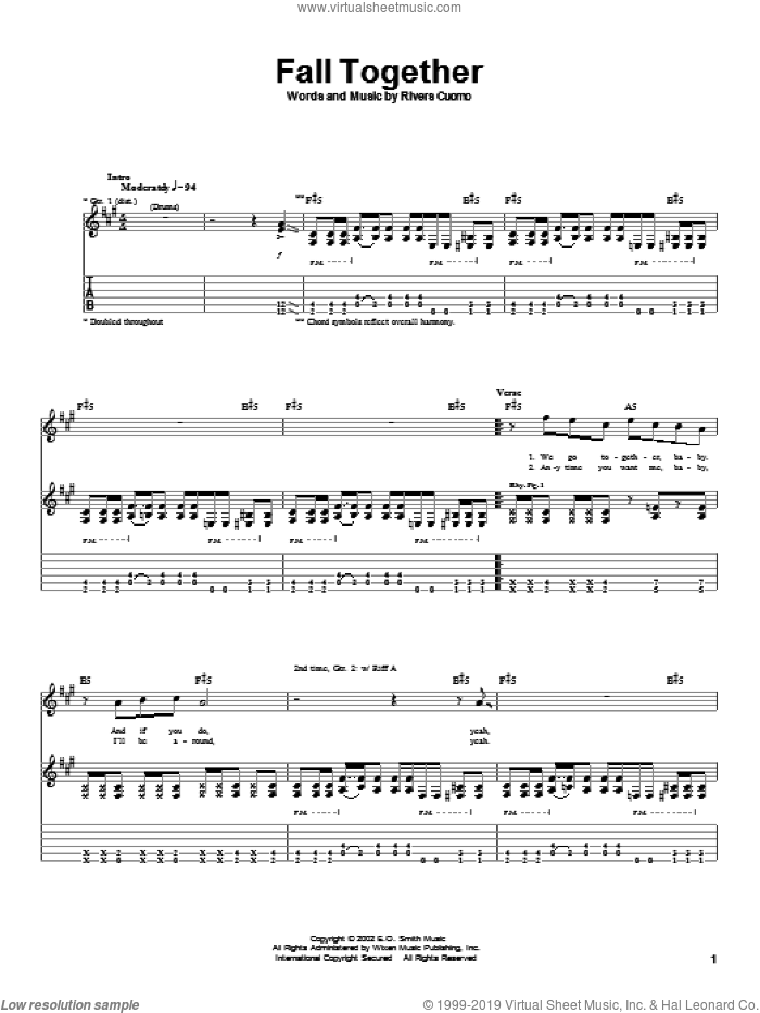 Fall Together sheet music for guitar (tablature) by Weezer and Rivers Cuomo, intermediate skill level