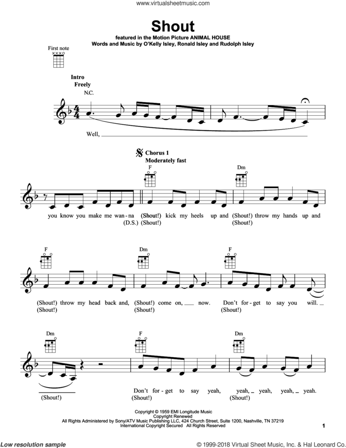 Shout sheet music for ukulele by The Isley Brothers, O Kelly Isley, Ronald Isley and Rudolph Isley, intermediate skill level