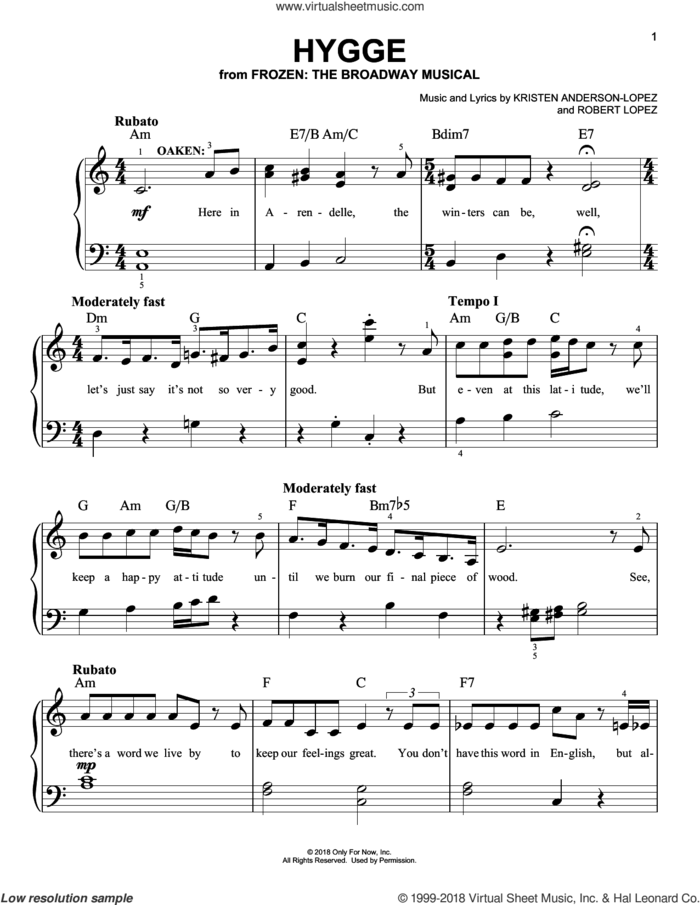 Hygge sheet music for piano solo by Robert Lopez, Kristen Anderson-Lopez and Kristen Anderson-Lopez & Robert Lopez, easy skill level