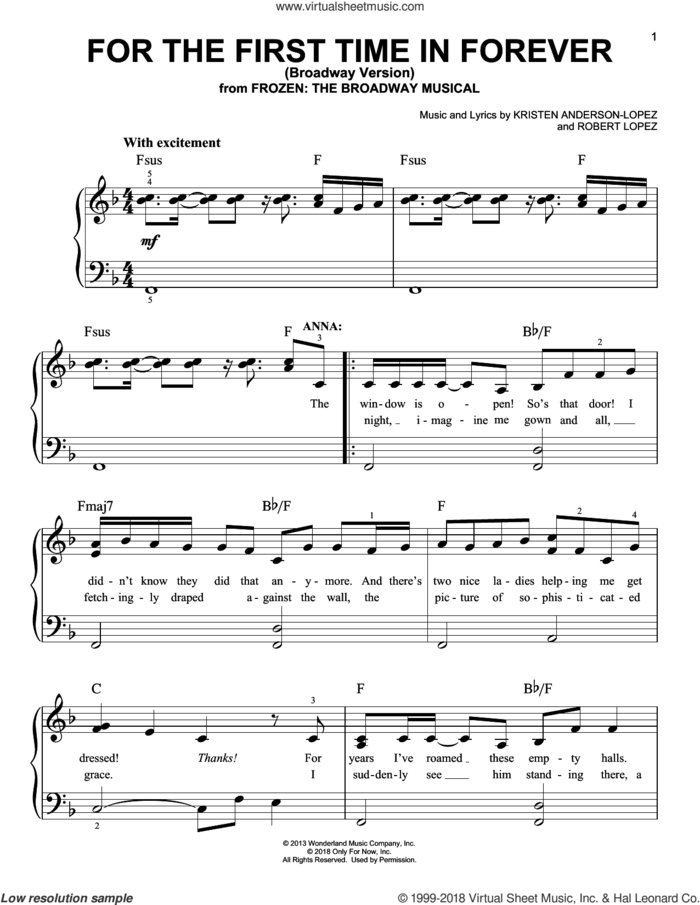 For The First Time In Forever (from Frozen: The Broadway Musical) sheet music for piano solo by Robert Lopez, Kristen Anderson-Lopez and Kristen Anderson-Lopez & Robert Lopez, easy skill level