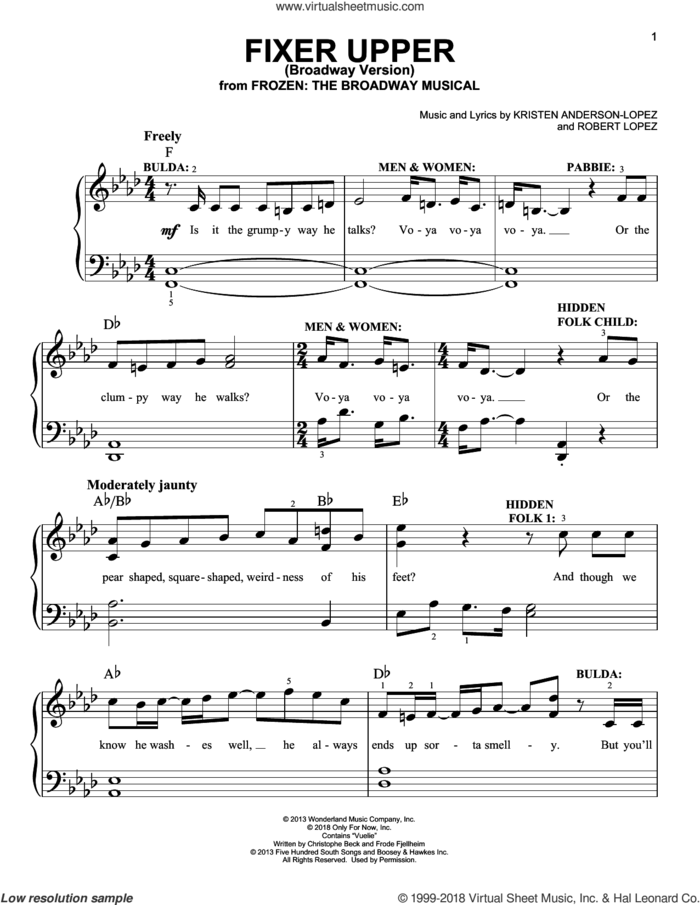 Fixer Upper (from Frozen: The Broadway Musical) sheet music for piano solo by Robert Lopez, Kristen Anderson-Lopez and Kristen Anderson-Lopez & Robert Lopez, easy skill level