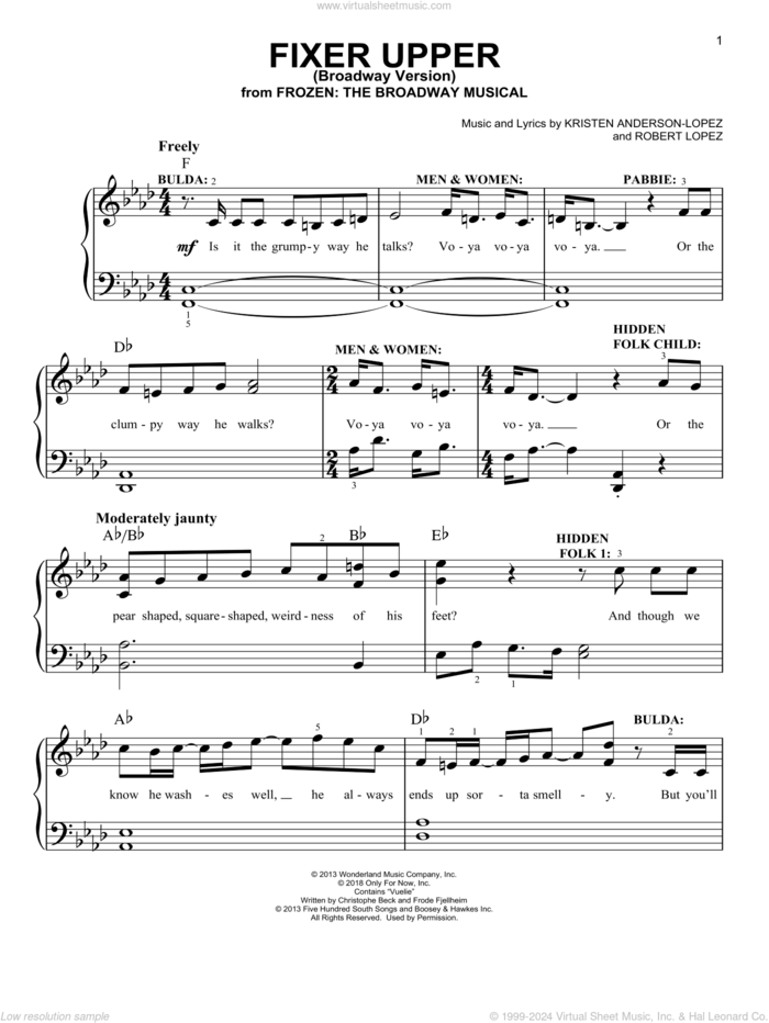 Fixer Upper (from Frozen: The Broadway Musical) sheet music for piano solo by Robert Lopez, Kristen Anderson-Lopez and Kristen Anderson-Lopez & Robert Lopez, easy skill level