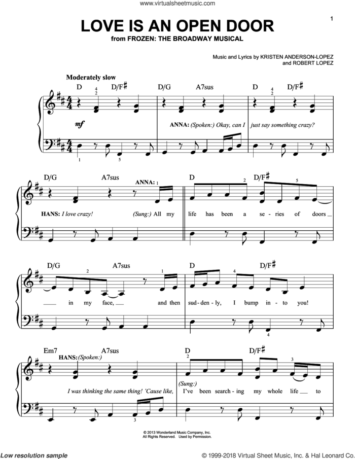 Love Is An Open Door (from Frozen: The Broadway Musical) sheet music for piano solo by Kristen Bell & Santino Fontana, Kristen Anderson-Lopez, Kristen Anderson-Lopez & Robert Lopez and Robert Lopez, easy skill level