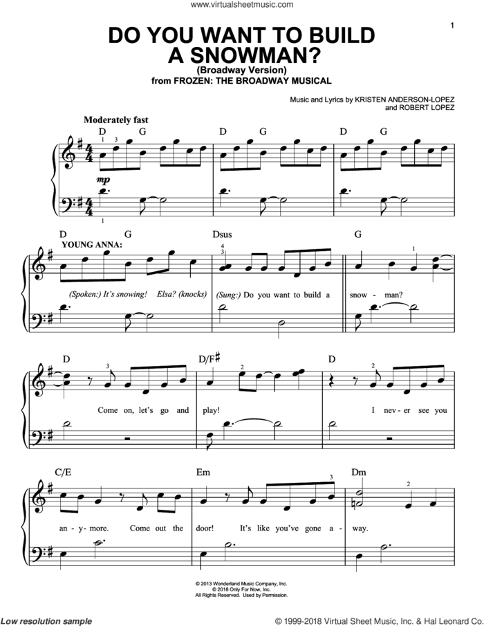 Do You Want To Build A Snowman? (Broadway Version) sheet music for piano solo by Robert Lopez, Kristen Anderson-Lopez and Kristen Anderson-Lopez & Robert Lopez, easy skill level