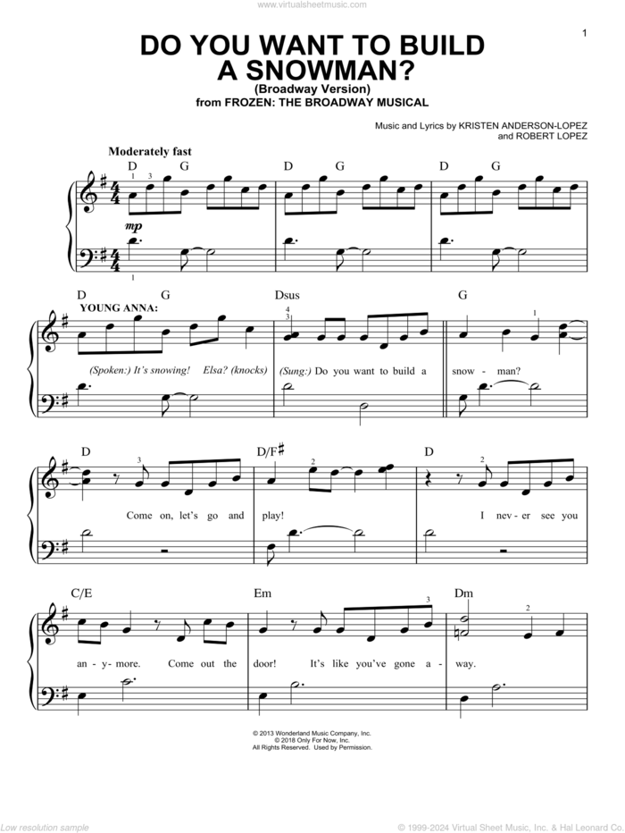 Do You Want To Build A Snowman? (Broadway Version) sheet music for piano solo by Robert Lopez, Kristen Anderson-Lopez and Kristen Anderson-Lopez & Robert Lopez, easy skill level