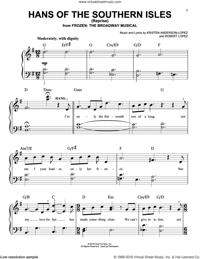 Hans Of The Southern Isles (Reprise) sheet music for piano solo by Robert Lopez, Kristen Anderson-Lopez and Kristen Anderson-Lopez & Robert Lopez, easy skill level