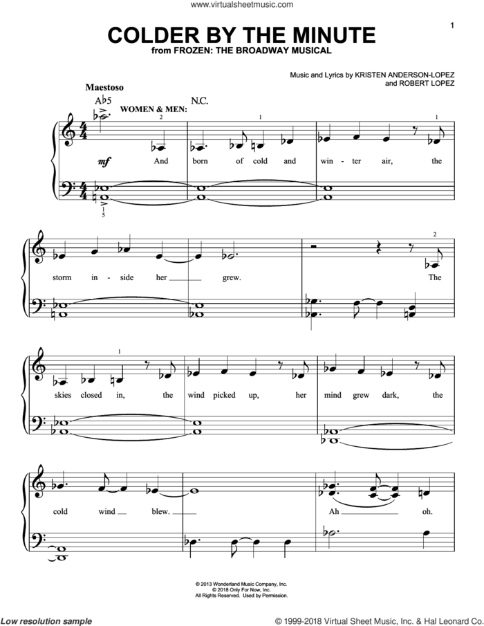 Colder By The Minute sheet music for piano solo by Robert Lopez, Kristen Anderson-Lopez and Kristen Anderson-Lopez & Robert Lopez, easy skill level