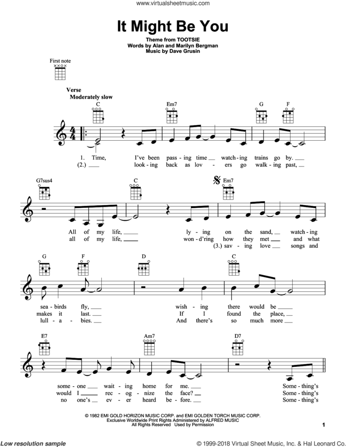 It Might Be You sheet music for ukulele by Marilyn Bergman, Alan and Dave Grusin, intermediate skill level
