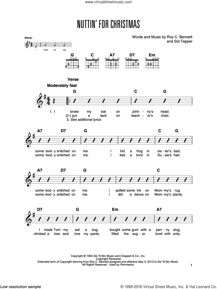 Nuttin' For Christmas sheet music for guitar solo by Sid Tepper and Roy Bennett, intermediate skill level