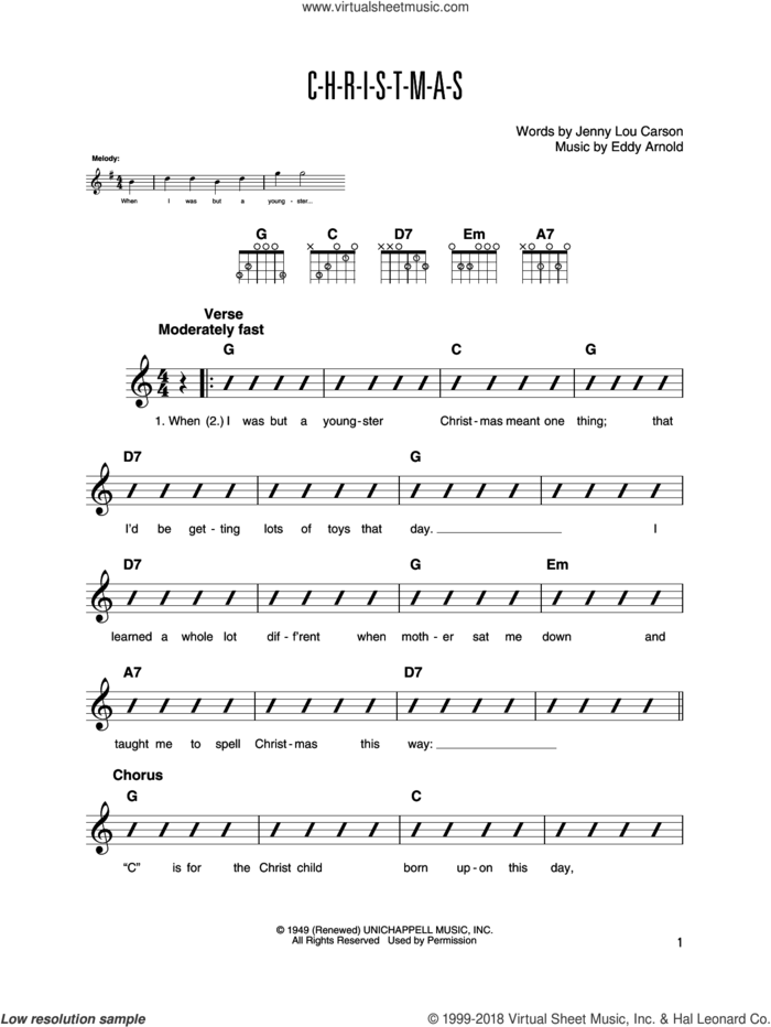 C-H-R-I-S-T-M-A-S sheet music for guitar solo by Eddy Arnold and Jenny Lou Carson, intermediate skill level