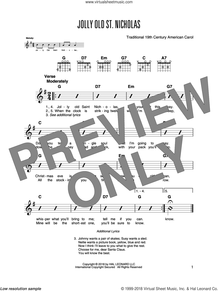 Jolly Old St. Nicholas sheet music for guitar solo by Anonymous and Miscellaneous, intermediate skill level