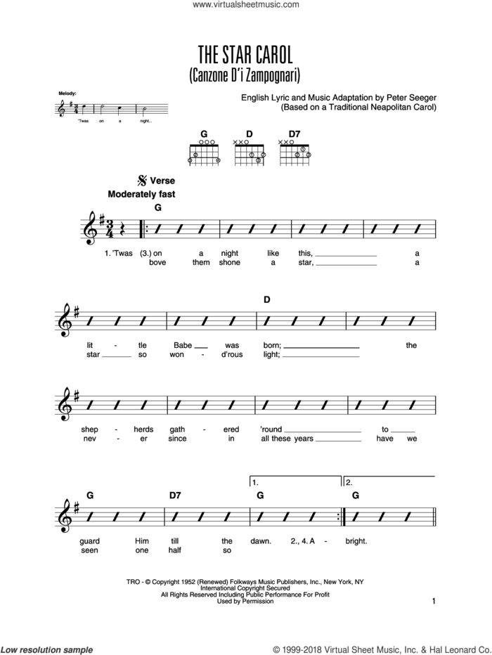 The Star Carol (Canzone D'i Zampognari) sheet music for guitar solo by Peter Seeger, intermediate skill level