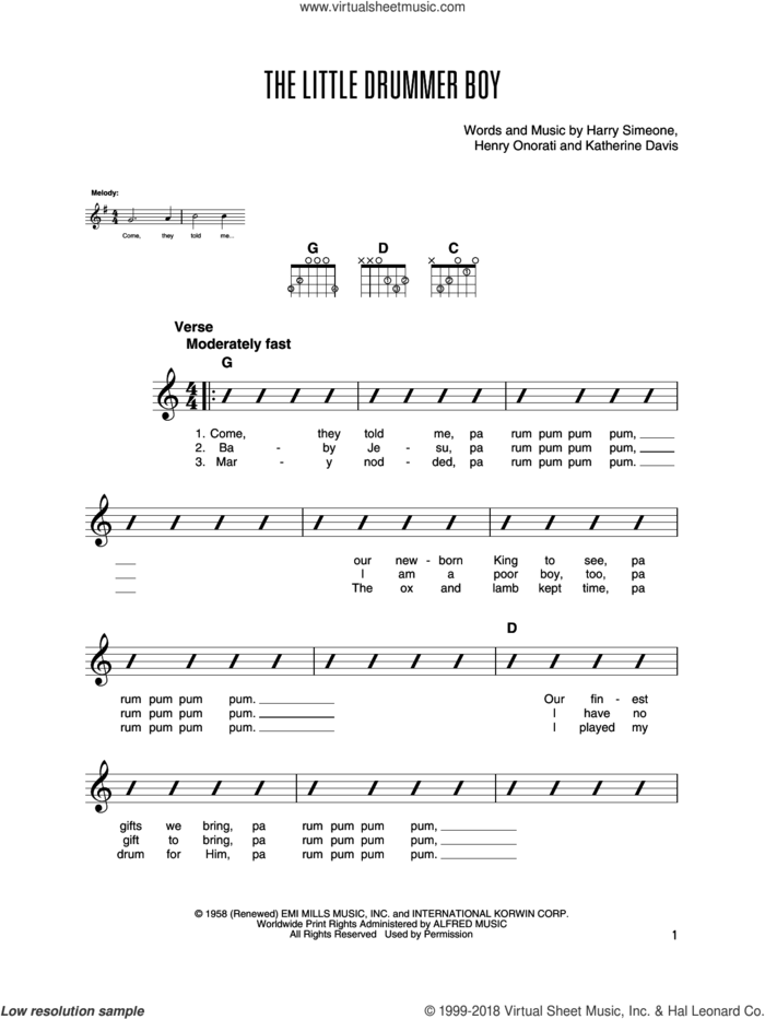 The Little Drummer Boy sheet music for guitar solo by Katherine Davis, Harry Simeone and Henry Onorati, intermediate skill level