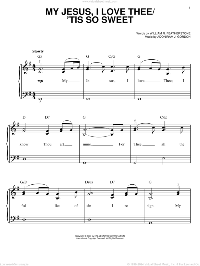 My Jesus, I Love Thee sheet music for piano solo by Bart Millard, Amazing Grace (Movie), Adoniram J. Gordon and William R. Featherstone, easy skill level