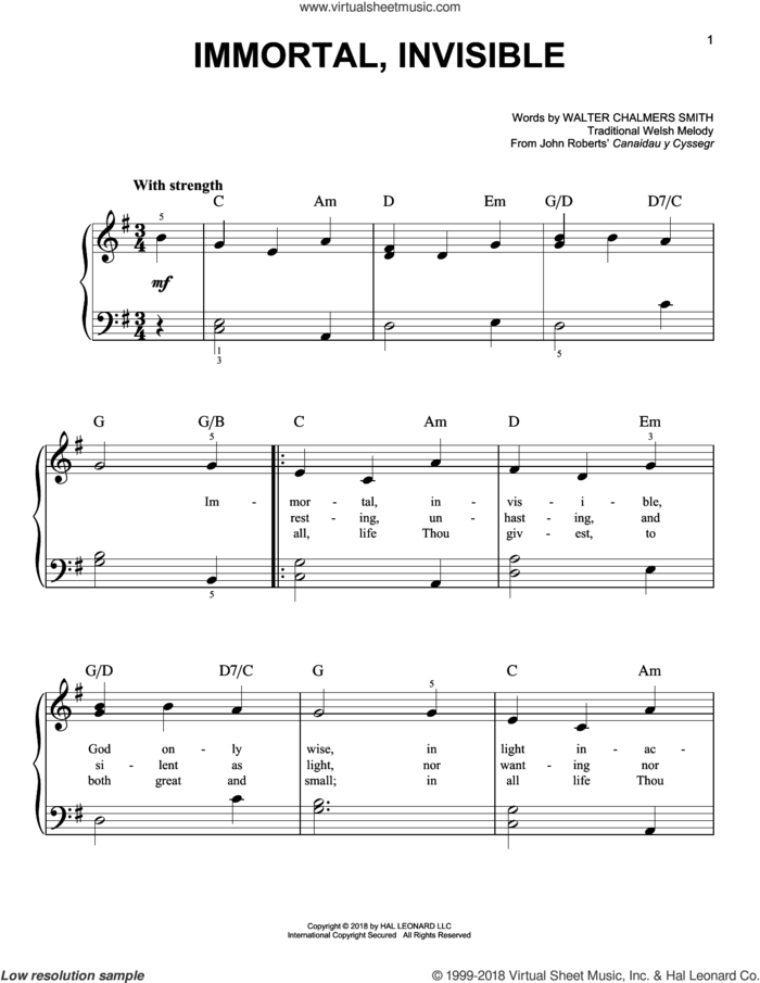 Immortal, Invisible sheet music for piano solo by Walter Chalmers Smith and Miscellaneous, easy skill level