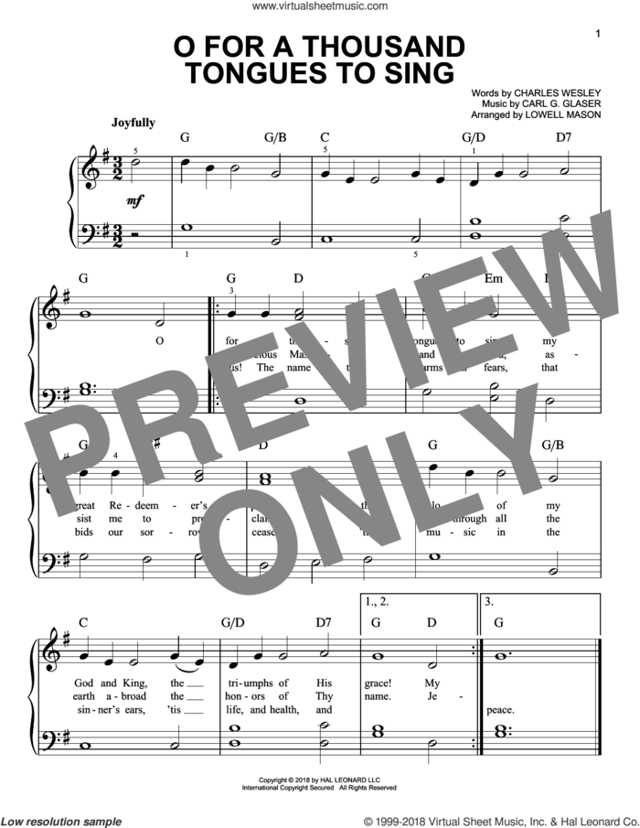 O For A Thousand Tongues To Sing, (easy) sheet music for piano solo by Charles Wesley, Carl G. Glaser, Carl G. Glaser and Lowell Mason, easy skill level