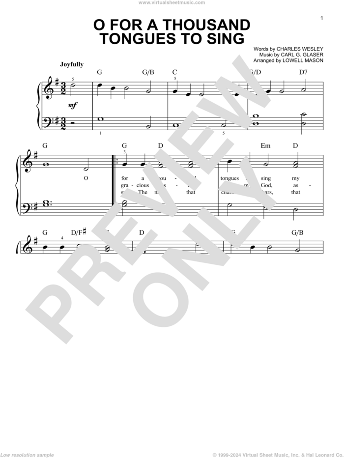 O For A Thousand Tongues To Sing, (easy) sheet music for piano solo by Charles Wesley, Carl G. Glaser, Carl G. Glaser and Lowell Mason, easy skill level