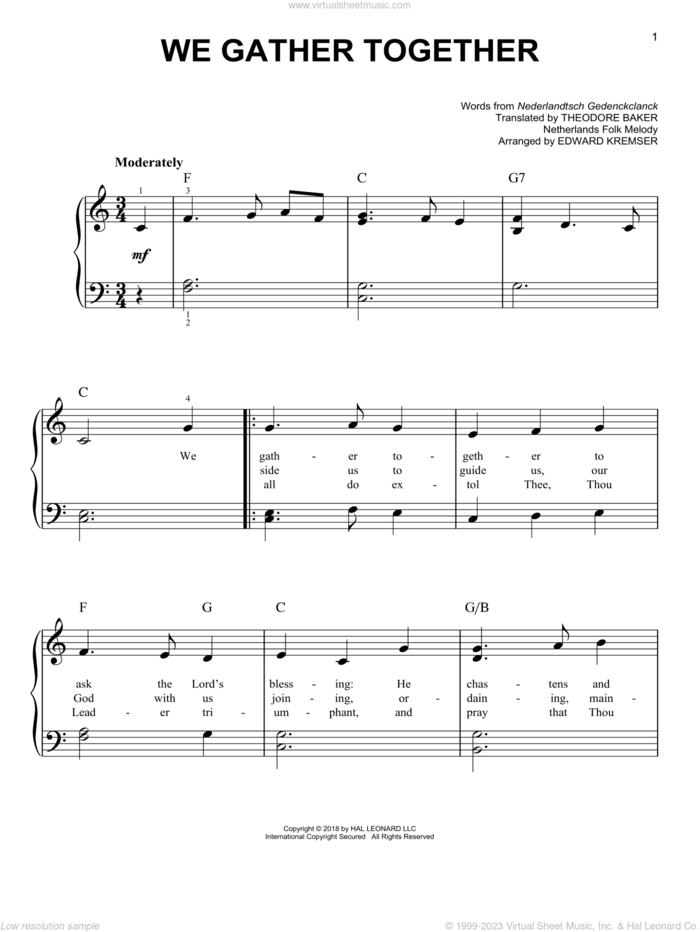 We Gather Together sheet music for piano solo by Theodore Baker, Miscellaneous, Eduard Kremser and Nederlandtsch Gedenckclanck, easy skill level