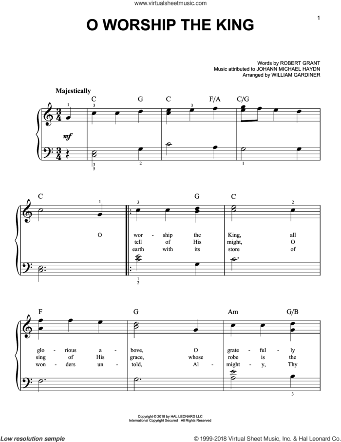 O Worship The King sheet music for piano solo by Johann Michael Haydn, Robert Grant and William Gardiner, easy skill level