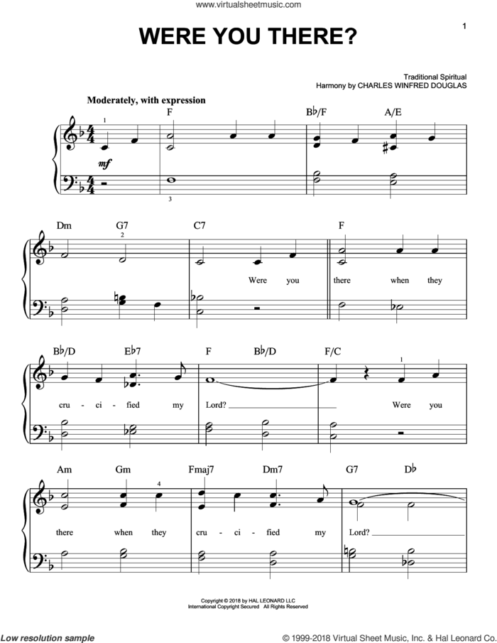 Were You There?, (easy) sheet music for piano solo  and Charles Winfred Douglas (Harm), easy skill level
