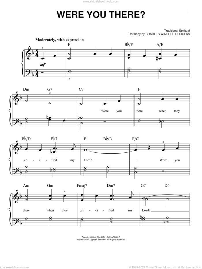 Were You There?, (easy) sheet music for piano solo  and Charles Winfred Douglas (Harm), easy skill level