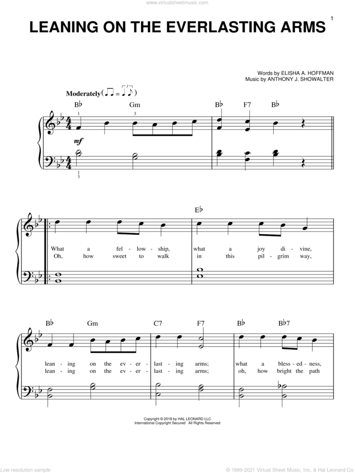 Leaning On The Everlasting Arms sheet music for piano solo by Elisha A. Hoffman and Anthony J. Showalter, easy skill level