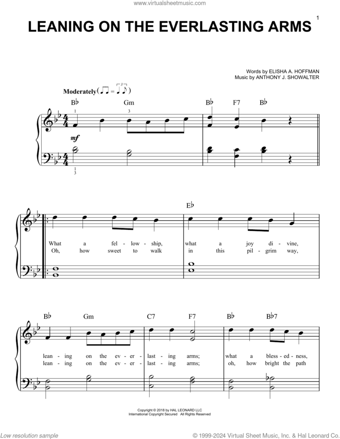 Leaning On The Everlasting Arms sheet music for piano solo by Elisha A. Hoffman and Anthony J. Showalter, easy skill level