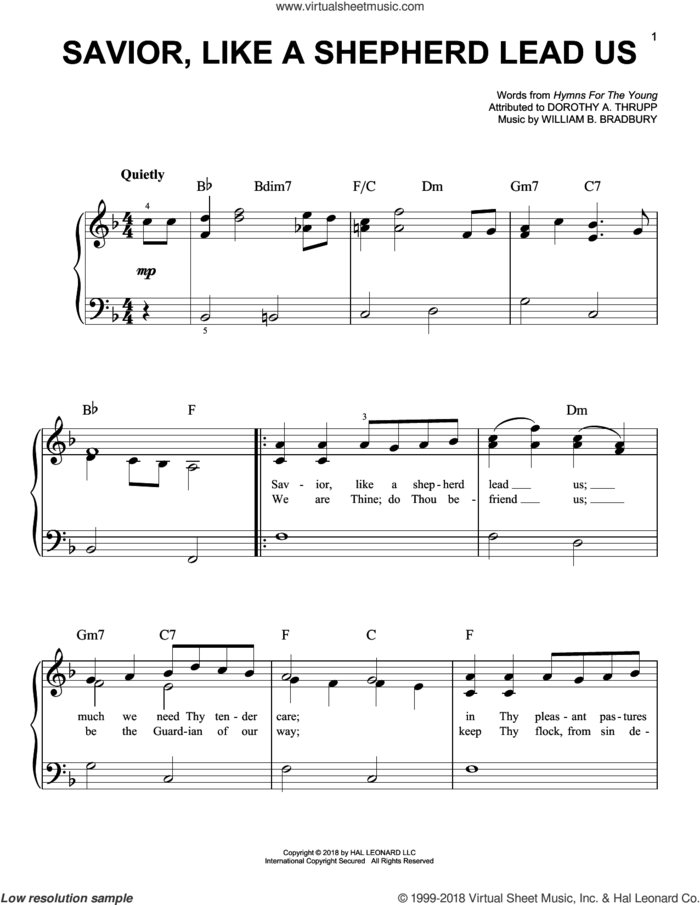 Savior, Like A Shepherd Lead Us sheet music for piano solo by William B. Bradbury and Dorothy A. Thrupp, easy skill level