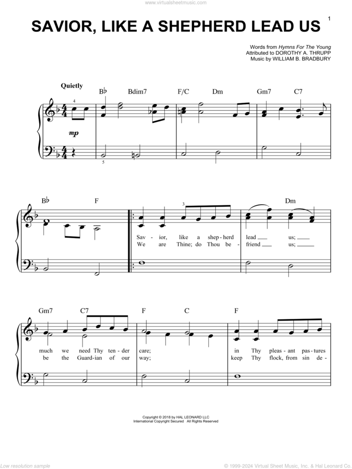 Savior, Like A Shepherd Lead Us sheet music for piano solo by William B. Bradbury and Dorothy A. Thrupp, easy skill level