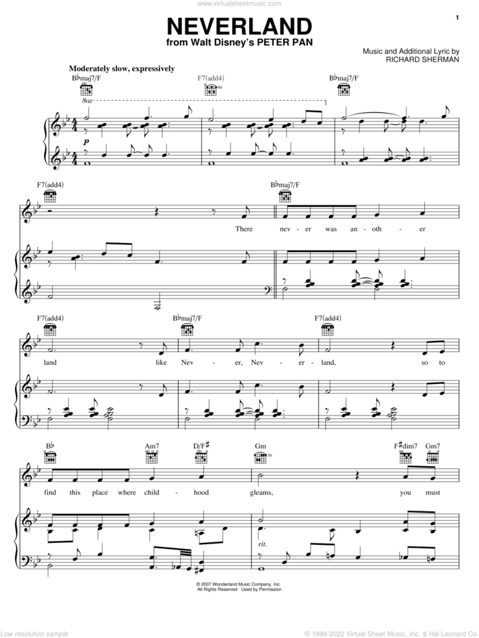 Neverland sheet music for voice, piano or guitar by Richard M. Sherman, intermediate skill level