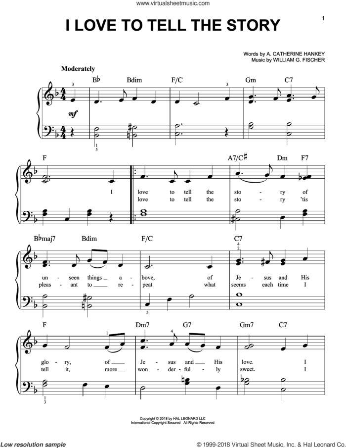 I Love To Tell The Story sheet music for piano solo by William G. Fischer and A. Catherine Hankey, easy skill level