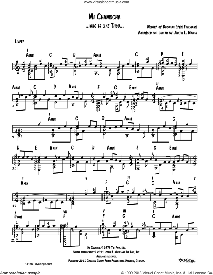 Mi Chamocha (arr. Joe Marks) sheet music for guitar solo by Debbie Friedman and Joe Marks, intermediate skill level