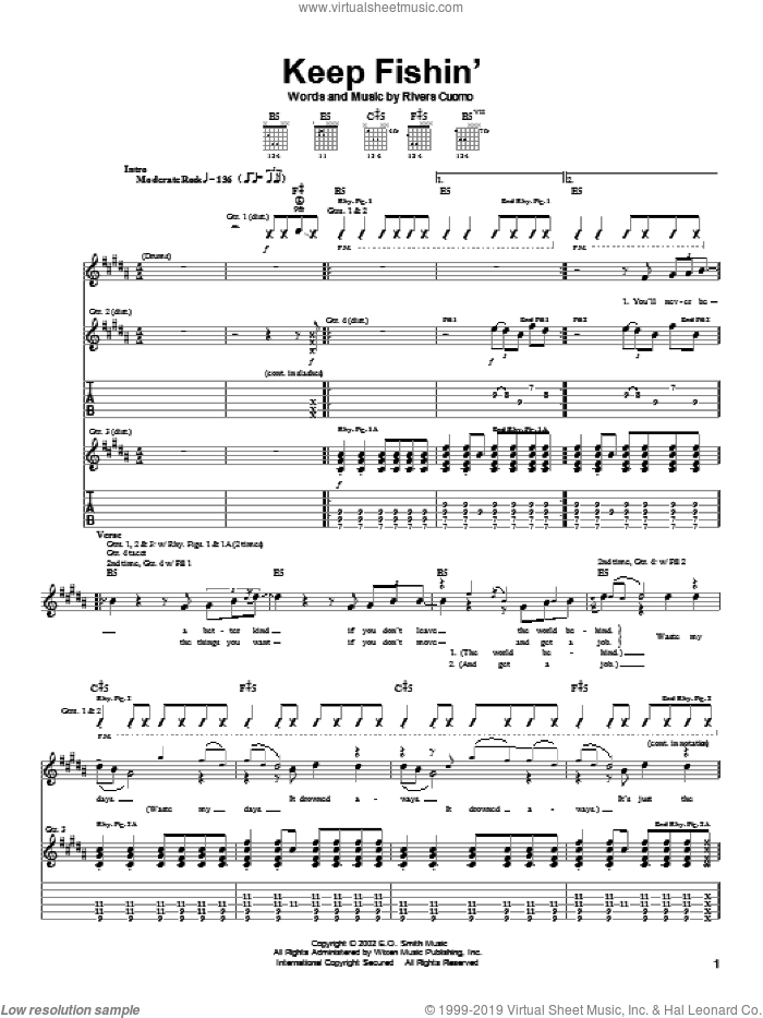 Keep Fishin' sheet music for guitar (tablature) by Weezer and Rivers Cuomo, intermediate skill level