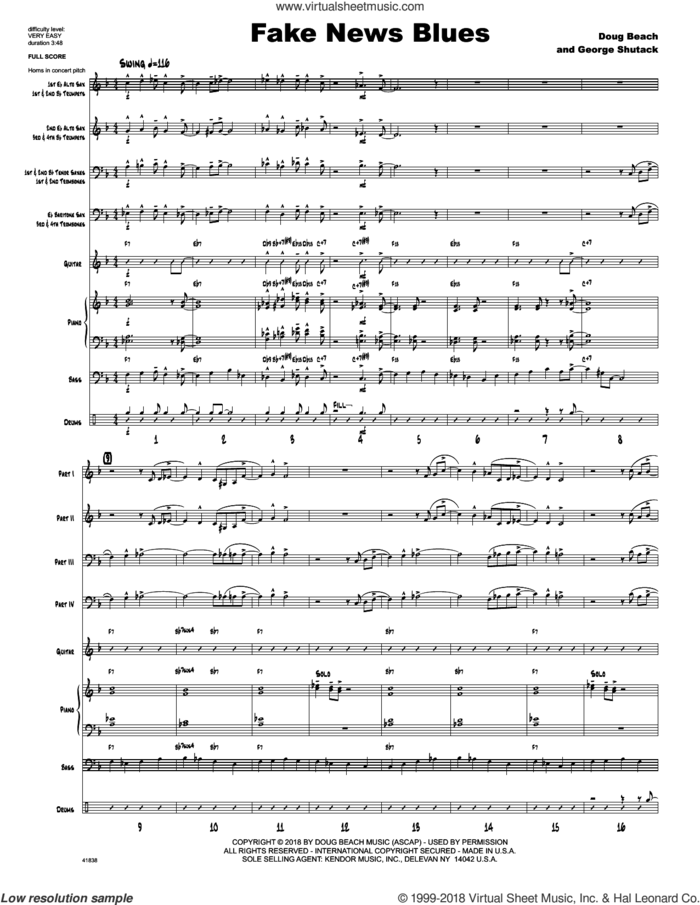 Fake News Blues (COMPLETE) sheet music for jazz band by Doug Beach and George Shutack, intermediate skill level