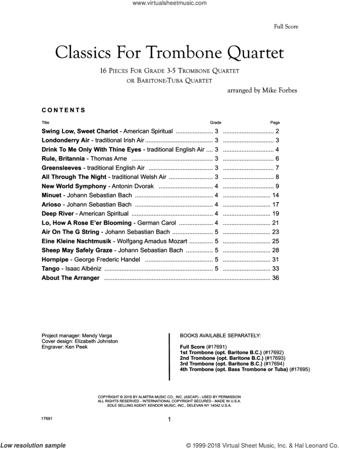 Classics For Trombone Quartet - Full Score sheet music for trombone quartet by Michael Forbes, classical score, intermediate skill level