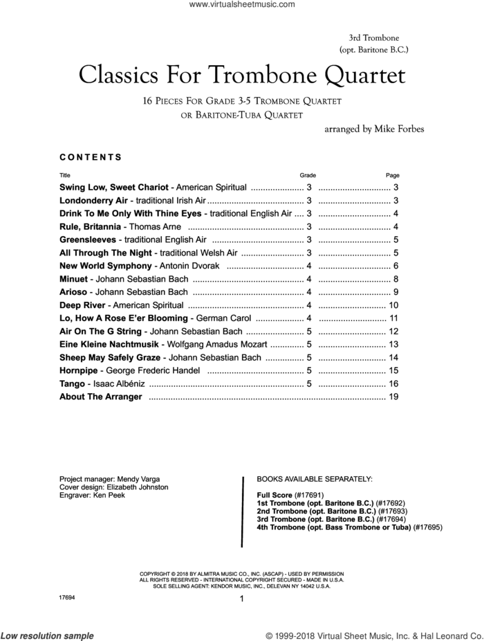 Classics For Trombone Quartet - 3rd Trombone sheet music for trombone quartet by Michael Forbes, classical score, intermediate skill level