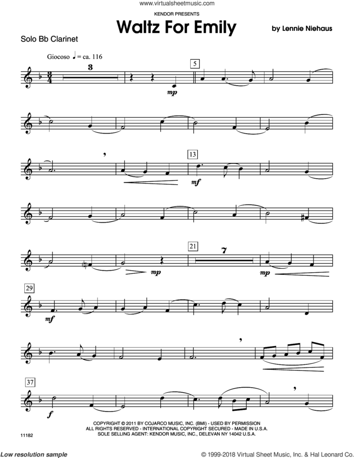 Waltz For Emily (complete set of parts) sheet music for clarinet and piano by Lennie Niehaus, classical score, intermediate skill level