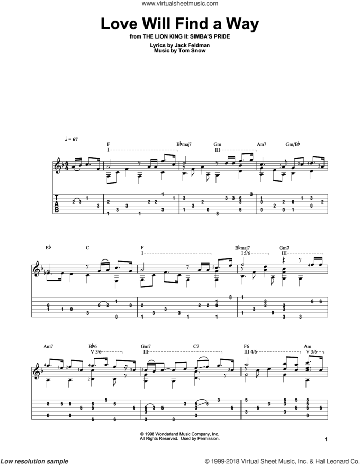 Love Will Find A Way (from The Lion King II: Simba's Pride) sheet music for guitar solo by Jack Feldman, Bill Piburn, Liz Callaway & Gene Miller and Tom Snow, intermediate skill level
