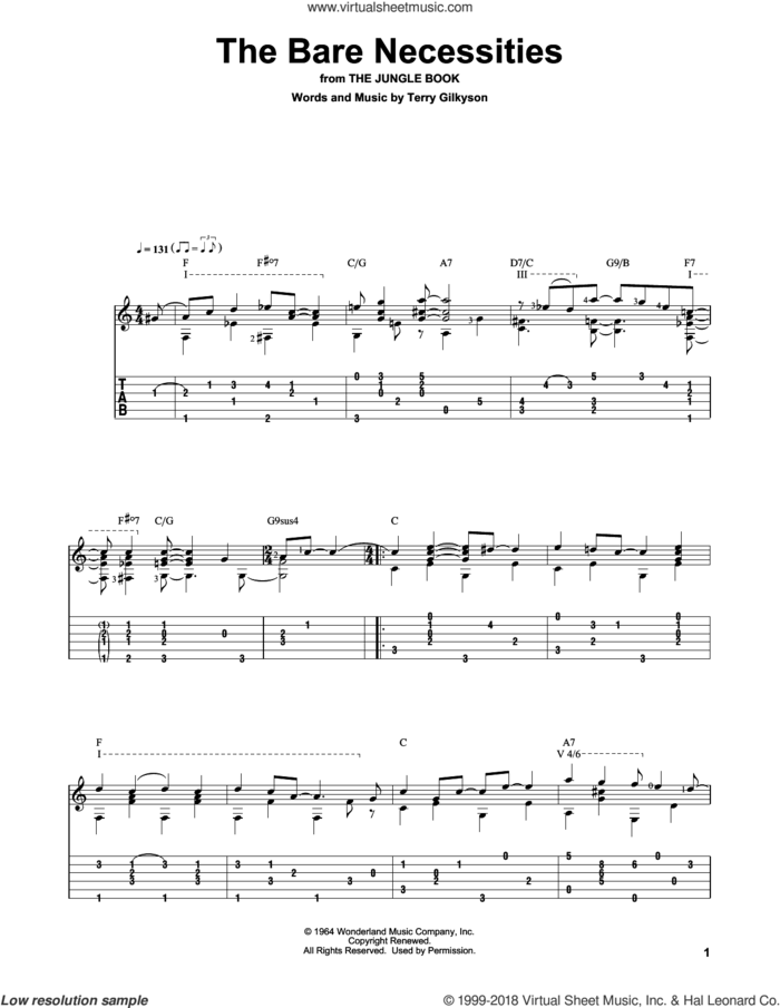 The Bare Necessities (from The Jungle Book) sheet music for guitar solo by Terry Gilkyson and Bill Piburn, intermediate skill level