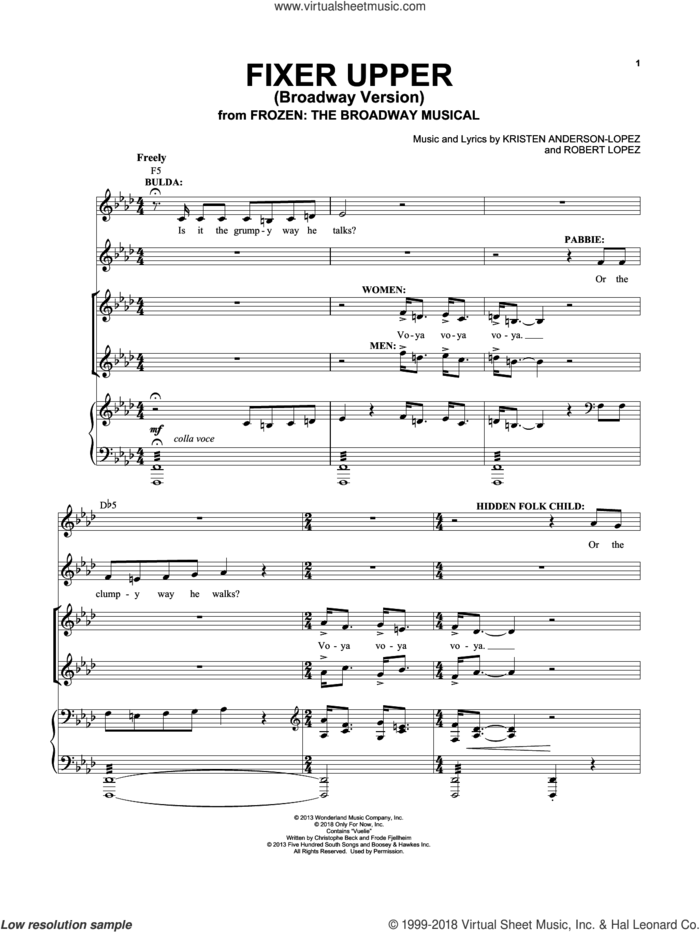 Fixer Upper (from Frozen: The Broadway Musical) sheet music for voice and piano by Robert Lopez, Kristen Anderson-Lopez and Kristen Anderson-Lopez & Robert Lopez, intermediate skill level