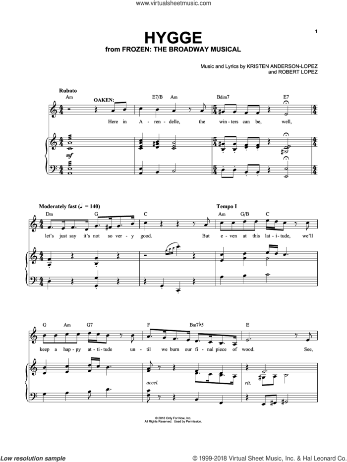 Hygge sheet music for voice and piano by Robert Lopez, Kristen Anderson-Lopez and Kristen Anderson-Lopez & Robert Lopez, intermediate skill level