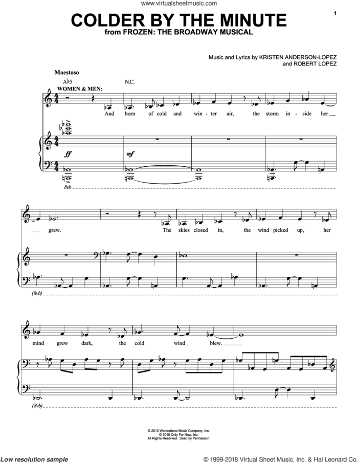 Colder By The Minute (from Frozen: The Broadway Musical) sheet music for voice and piano by Robert Lopez, Kristen Anderson-Lopez and Kristen Anderson-Lopez & Robert Lopez, intermediate skill level