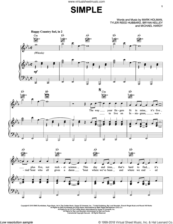Simple sheet music for voice, piano or guitar by Florida Georgia Line, Brian Kelley, Mark L Holman, Michael Hardy and Tyler Reed Hubbard, intermediate skill level