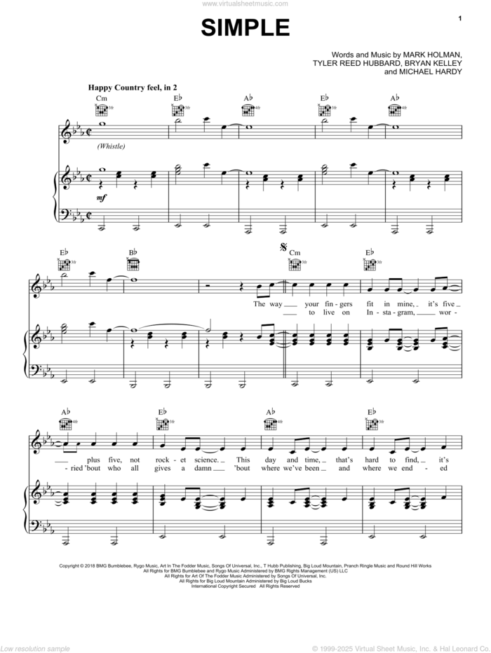 Simple sheet music for voice, piano or guitar by Florida Georgia Line, Brian Kelley, Mark L Holman, Michael Hardy and Tyler Reed Hubbard, intermediate skill level